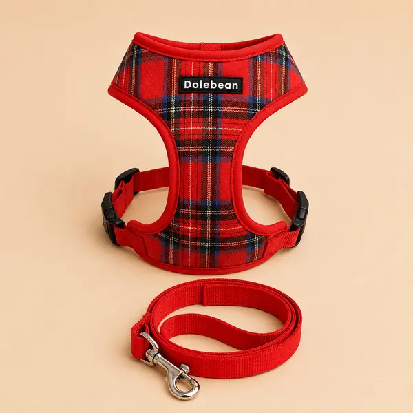 Ensemble de harnais et laisse à carreaux rouge chien