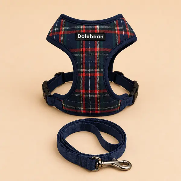Ensemble de harnais et laisse à carreaux bleu marine chien